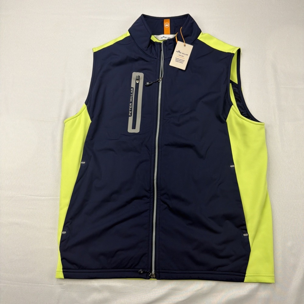 Peter Millar Crown Sport Hyperlight Fuse Full Zip Golf Vest Navy Yellow Medium
